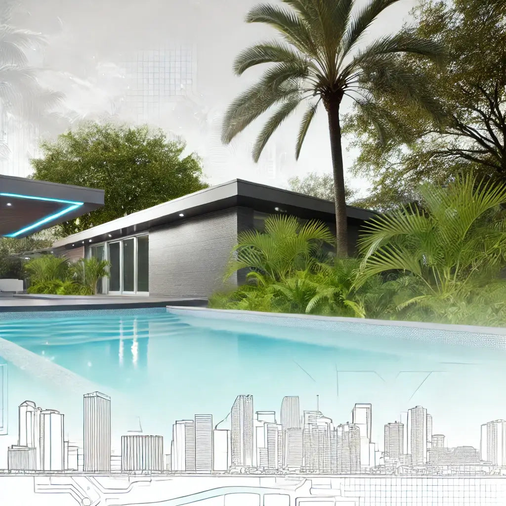 A modern swimming pool in Miami, surrounded by palm trees and lush greenery, showcasing top-quality craftsmanship and innovative pool features, with space for text overlay.